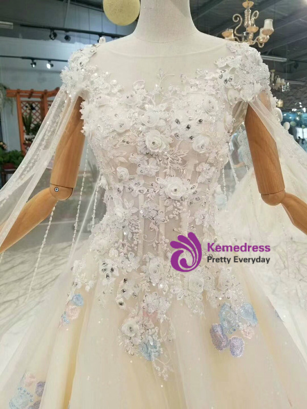 Champagne Ball Gown Tulle Appliques Cap Sleeve Backless Wedding Dress