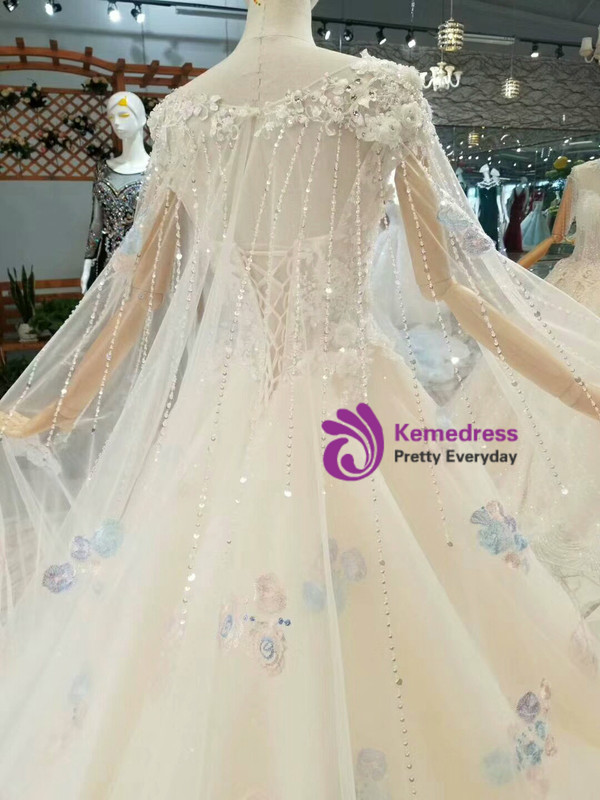 Champagne Ball Gown Tulle Appliques Cap Sleeve Backless Wedding Dress