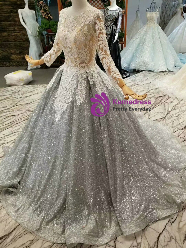 Gray Ball Gown Sequins Lace Appliques Long Sleeve Wedding Dress