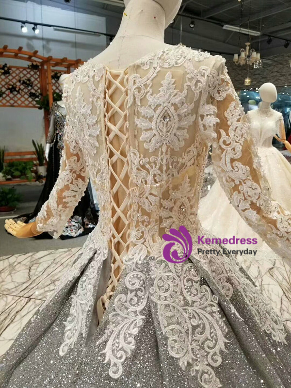 Gray Ball Gown Sequins Lace Appliques Long Sleeve Wedding Dress