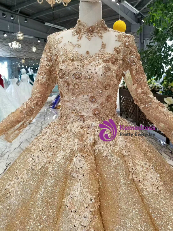 Gold Ball Gonw Sequins Appliques High Neck Long Sleeve Wedding Dress