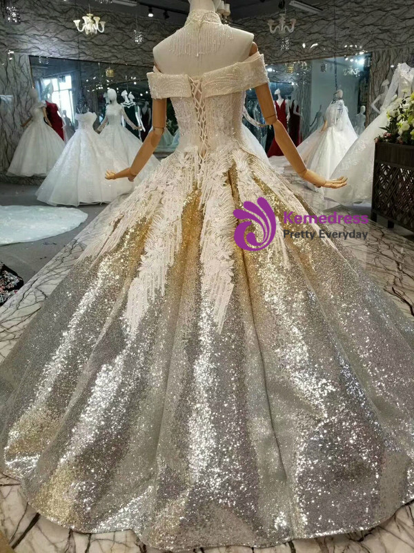Silver Gold Sequins Appliques Off The Shoulder Floor Length Wedding Dress