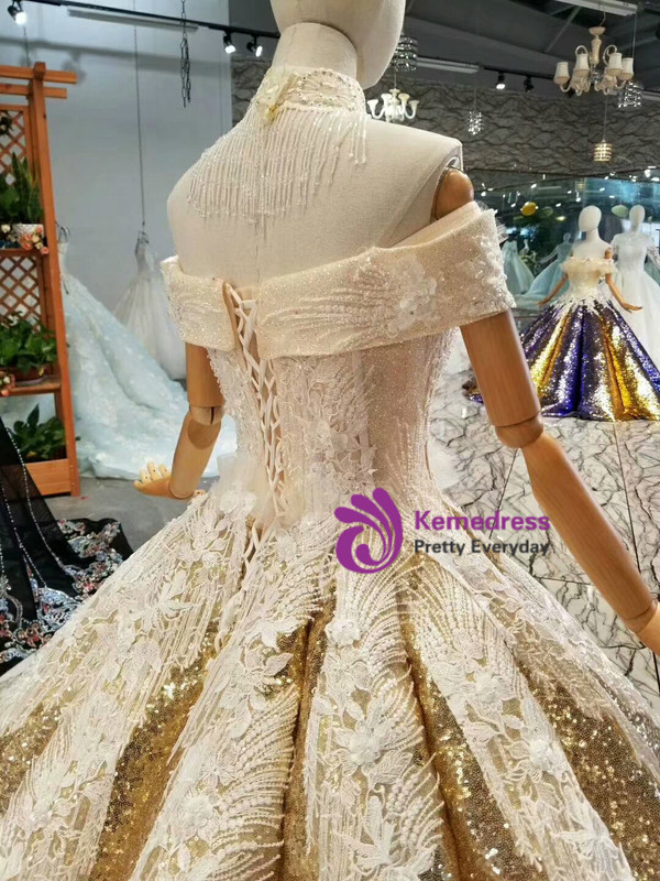 Silver Gold Sequins Appliques Off The Shoulder Floor Length Wedding Dress