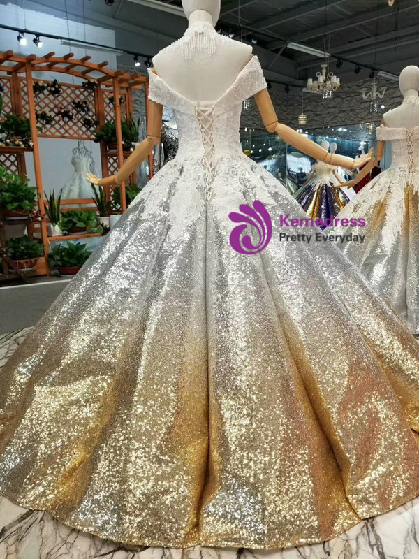 Silver Gold Ball Gown Sequins Appliques Off The Shoulder Floor Length Wedding Dress