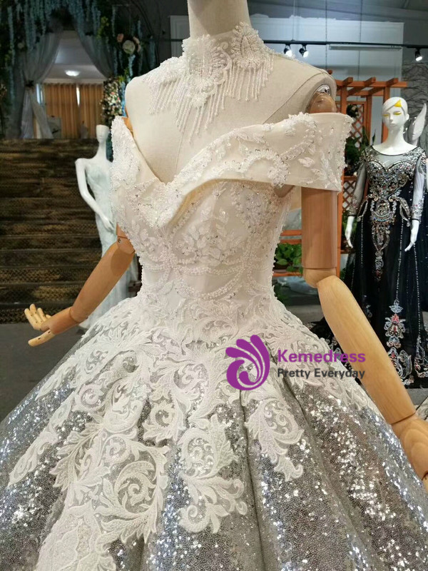 Silver Gold Ball Gown Sequins Appliques Off The Shoulder Floor Length Wedding Dress