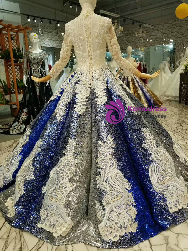 Royal Blue Sequins Appliques High Neck Long Sleeve Wedding Dress