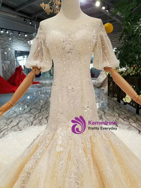 Champagne Meramid Tulle Sequins Puff Sleeve Backless Beading Dress With Train