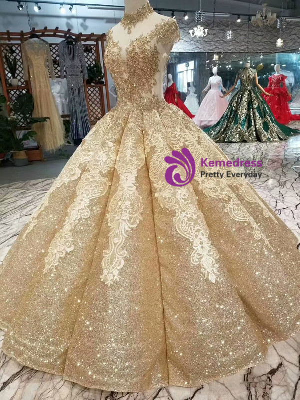 Gold Ball Gown Sequins Appliques High Neck Backless Beading Wedding Dress