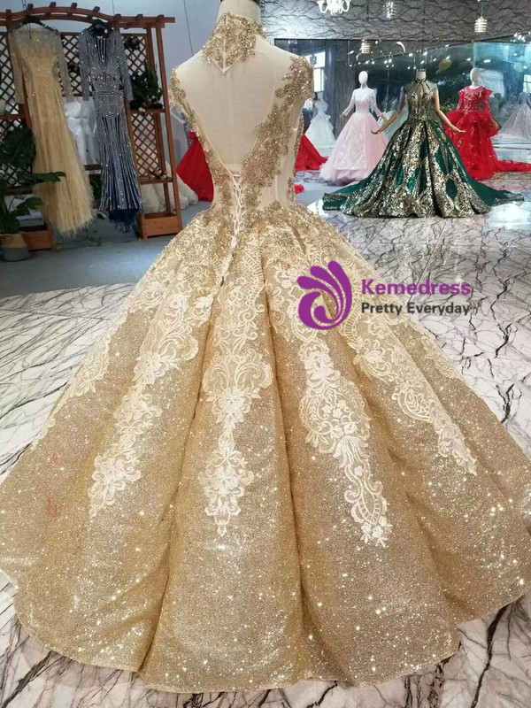 Gold Ball Gown Sequins Appliques High Neck Backless Beading Wedding Dress
