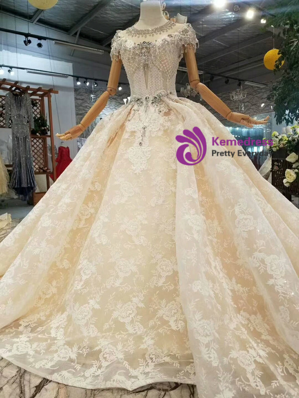 Champagne Ball Gown Lace Cap Sleeve Wedding Dress With Crystal