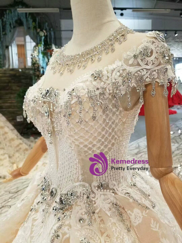 Champagne Ball Gown Lace Cap Sleeve Wedding Dress With Crystal