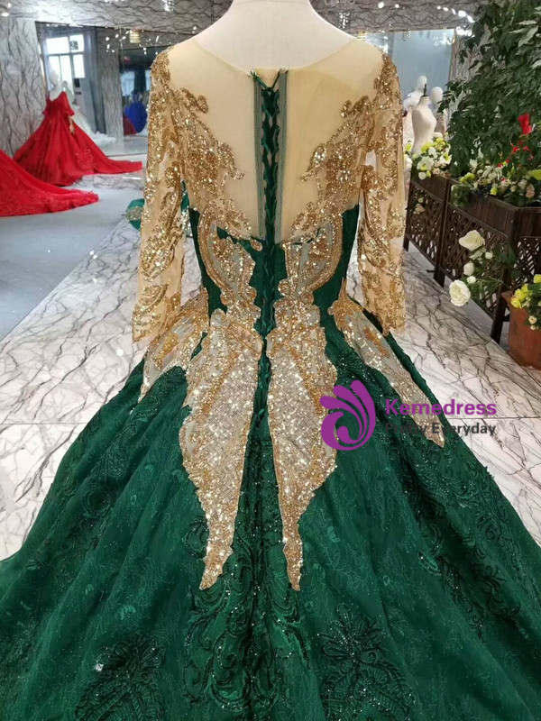 Green Ball Gown Lace Gold Sequins Appliques Long Sleeve Wedding Dress