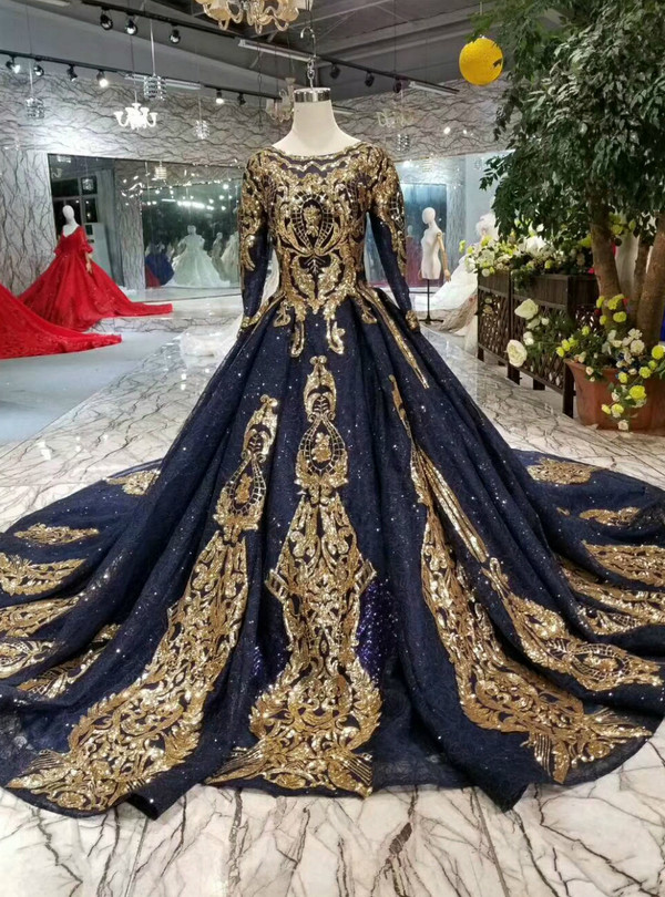 Navy Blue Lace Sequins Appliques Long Sleeve Wedding Dress With Train