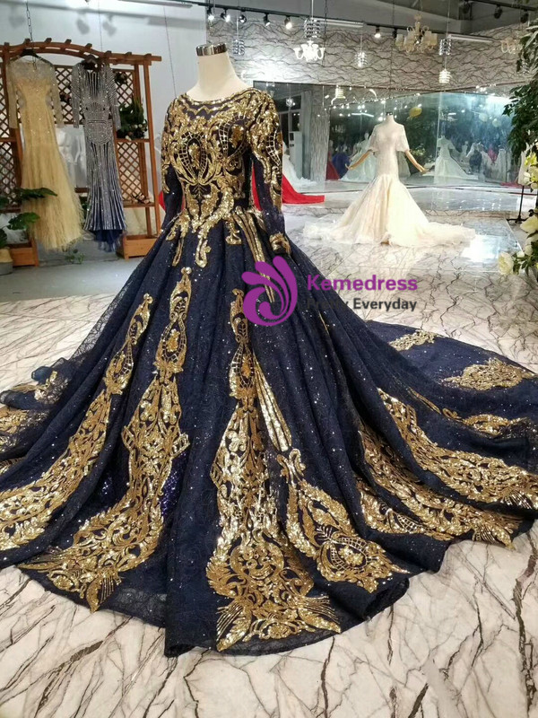 Navy Blue Lace Sequins Appliques Long Sleeve Wedding Dress With Train