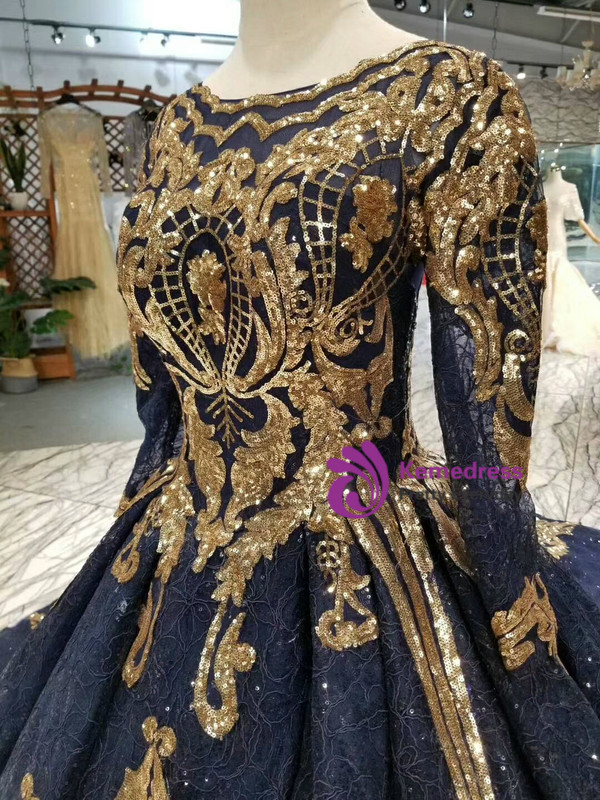 Navy Blue Lace Sequins Appliques Long Sleeve Wedding Dress With Train