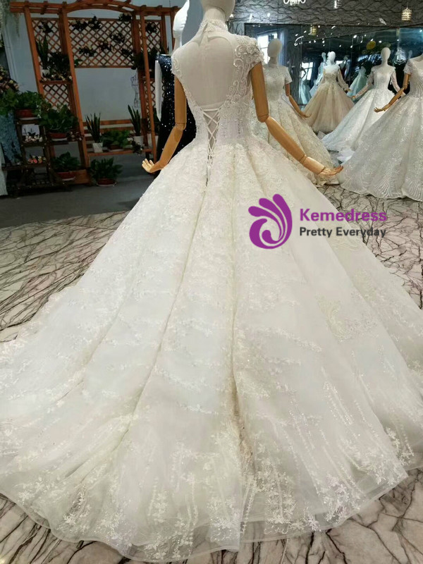 Ball Gown Lace Appliques High Neck Cap Sleeve With Beading Wedding Dress