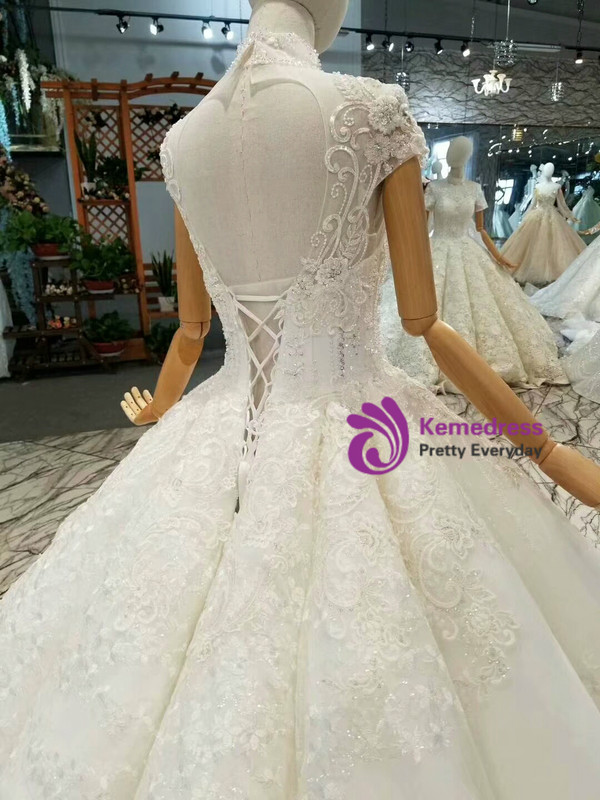 Ball Gown Lace Appliques High Neck Cap Sleeve With Beading Wedding Dress