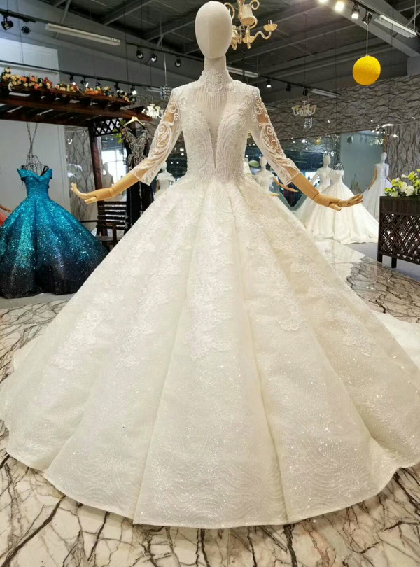 Ball Gown Sequins Lace Appliques High Neck 3/4 Sleeve Backless Wedding Dress
