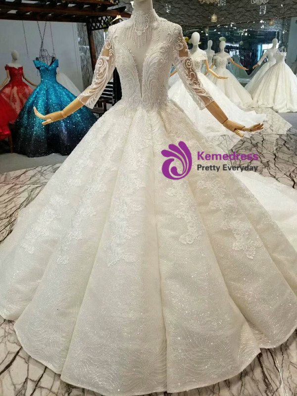 Ball Gown Sequins Lace Appliques High Neck 3/4 Sleeve Backless Wedding Dress