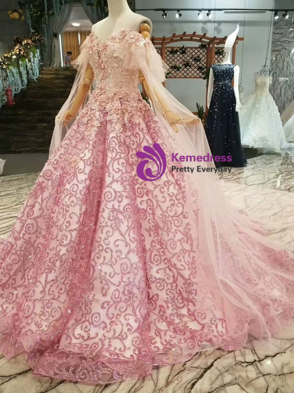 Pink Tulle Sequins Bling Bling Appliques Off The Shoulder Wedding Dress