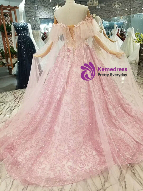 Pink Tulle Sequins Bling Bling Appliques Off The Shoulder Wedding Dress