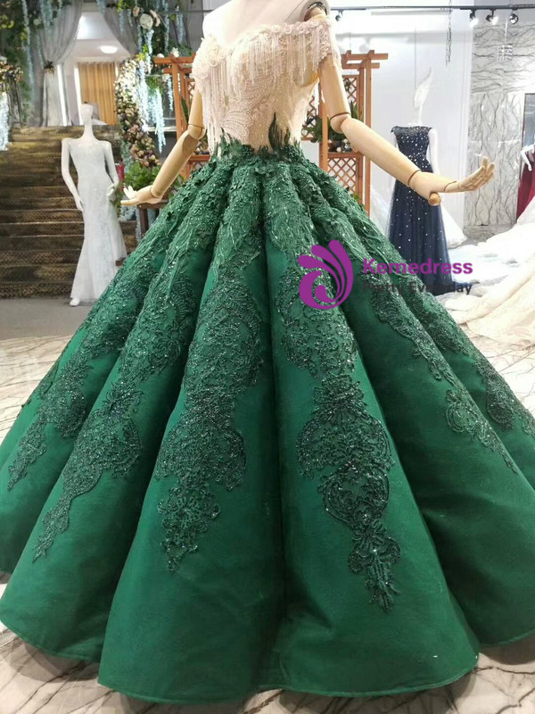 Dark Green Ball Gown Appliques Off The Shoulder Wedding Dress With Train