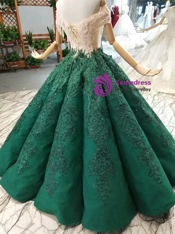 Dark Green Ball Gown Appliques Off The Shoulder Wedding Dress With Train