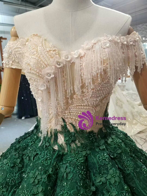 Dark Green Ball Gown Appliques Off The Shoulder Wedding Dress With Train