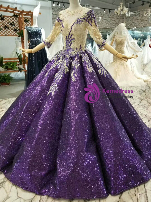 Purple Ball Gown Sequins Appliques Half Sleeve Floor Length Wedding Dress