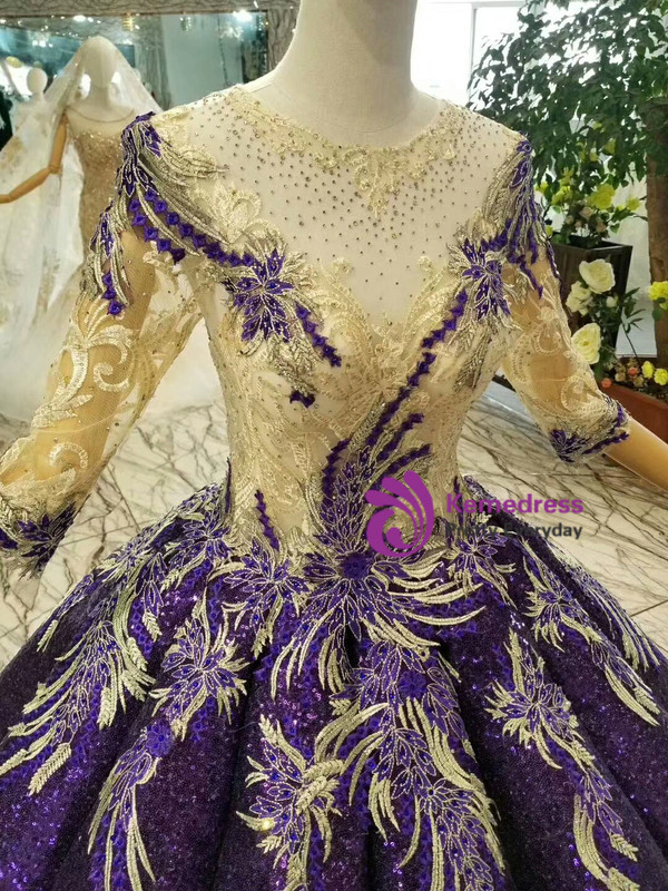 Purple Ball Gown Sequins Appliques Half Sleeve Floor Length Wedding Dress