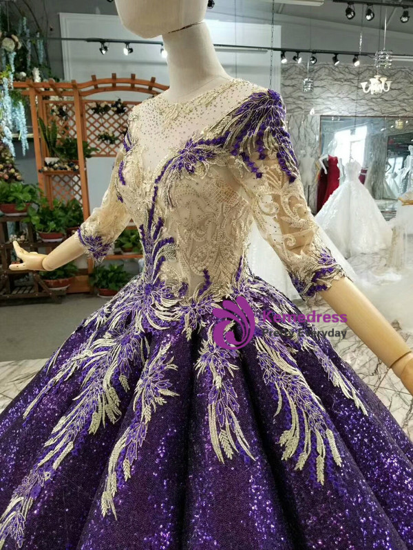 Purple Ball Gown Sequins Appliques Half Sleeve Floor Length Wedding Dress