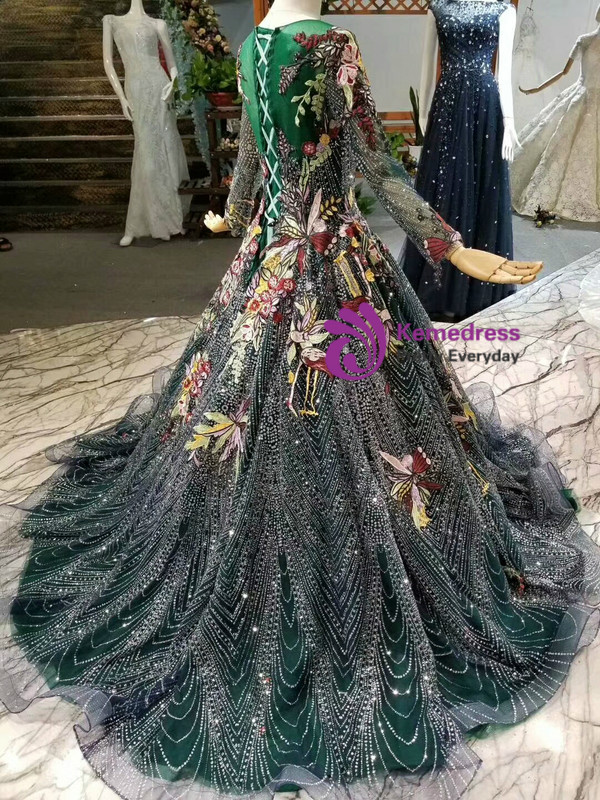Dark Green Tulle Sequins Embroidery Appliques Long Sleeve Wedding Dress