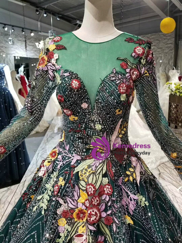 Dark Green Tulle Sequins Embroidery Appliques Long Sleeve Wedding Dress