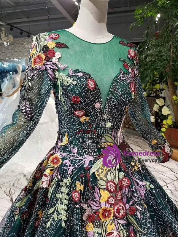 Dark Green Tulle Sequins Embroidery Appliques Long Sleeve Wedding Dress