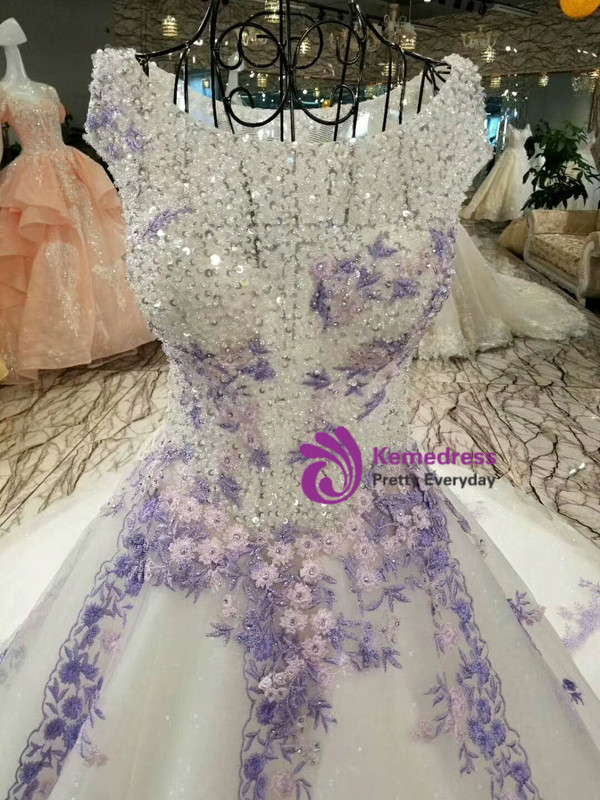 Ball Gown Tulle Sequins Purple Appliques Bateau Wedding Dress With Beading