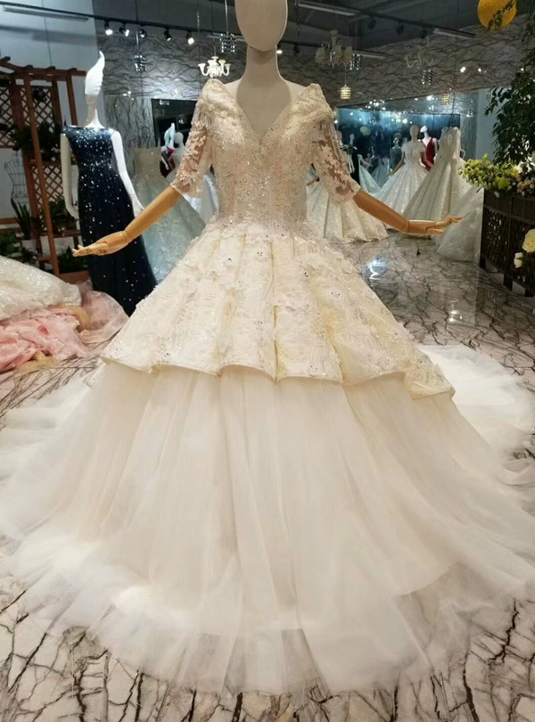 Champagne Tulle Lace Appliques V-neck Short Sleeve Wedding Dress