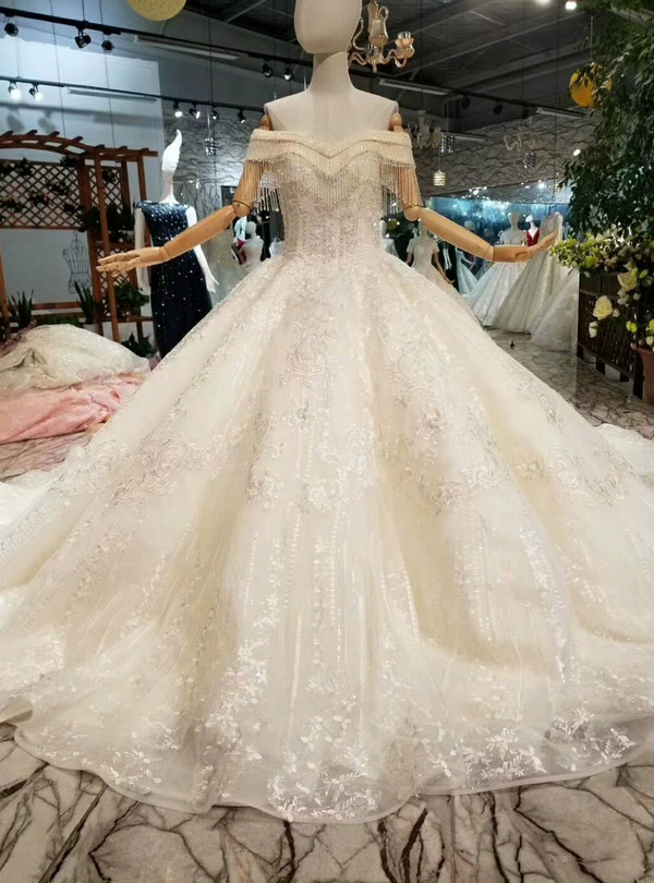 Champagne Ball Gown Tulle Appliques Beading Off The Shoulder Wedding Dress