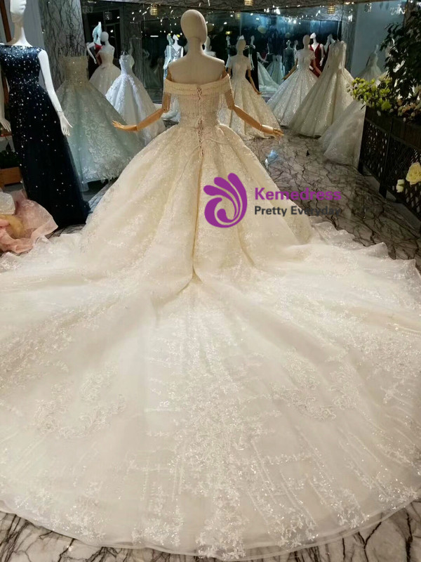 Champagne Ball Gown Tulle Appliques Beading Off The Shoulder Wedding Dress