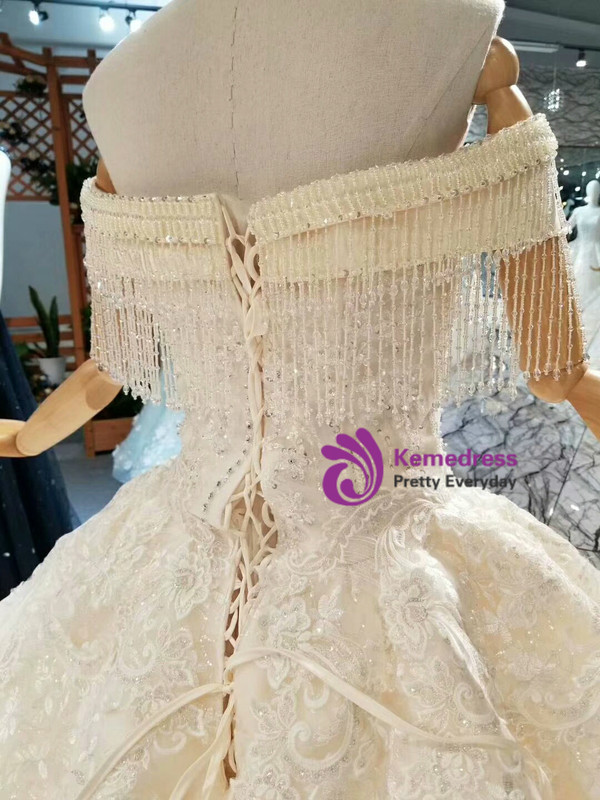 Champagne Ball Gown Tulle Appliques Beading Off The Shoulder Wedding Dress