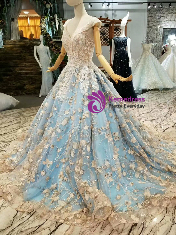 Blue Ball Gown Tulle Sequins Appliques Sweetheart Backless Wedding Dress