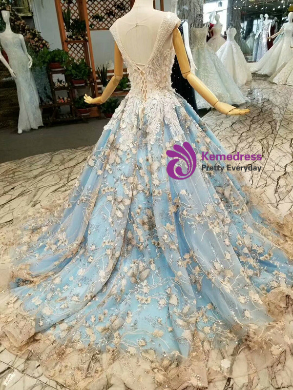 Blue Ball Gown Tulle Sequins Appliques Sweetheart Backless Wedding Dress