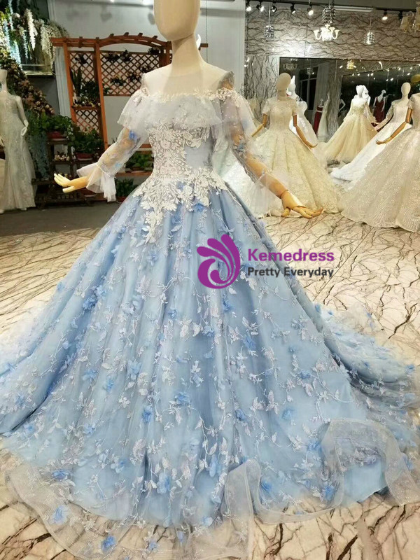 Blue Princess Ball Gown Tulle Appliques Long Sleeve Wedding Dress