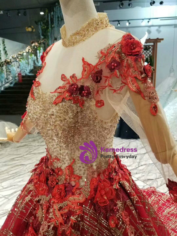 Red Ball Gown Tulle Sequins High Neck Backless Long Sleeve Appliques Wedding Dress