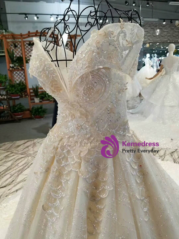 Champagne Ball Gown Tulle Sequins Off The Shoulder Appliques Wedding Dress