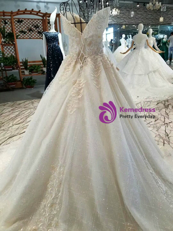 Champagne Ball Gown Tulle Sequins Off The Shoulder Appliques Wedding Dress