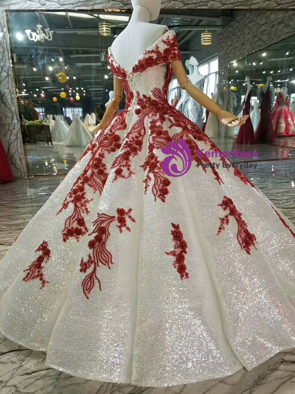 White Ball Gown Sequins Red Appliques Beading Off The Shoulder Wedding Dress