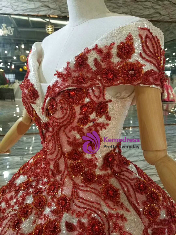White Ball Gown Sequins Red Appliques Beading Off The Shoulder Wedding Dress