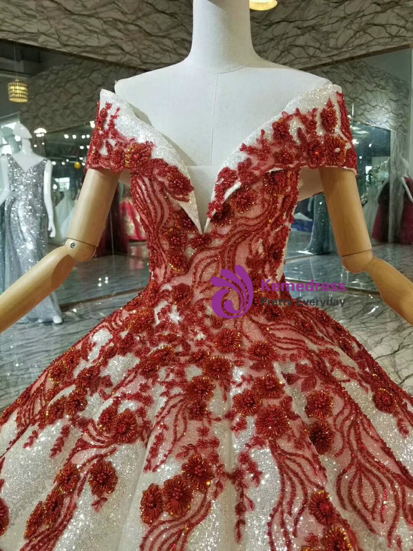 White Ball Gown Sequins Red Appliques Beading Off The Shoulder Wedding Dress