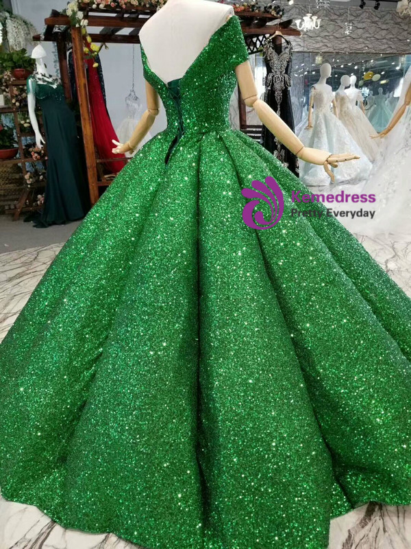Green Ball Gown Sequins Off The Shoulder Floor Length Wedding Dress