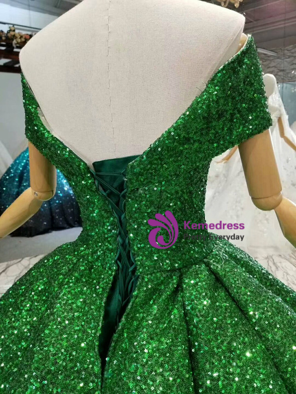 Green Ball Gown Sequins Off The Shoulder Floor Length Wedding Dress